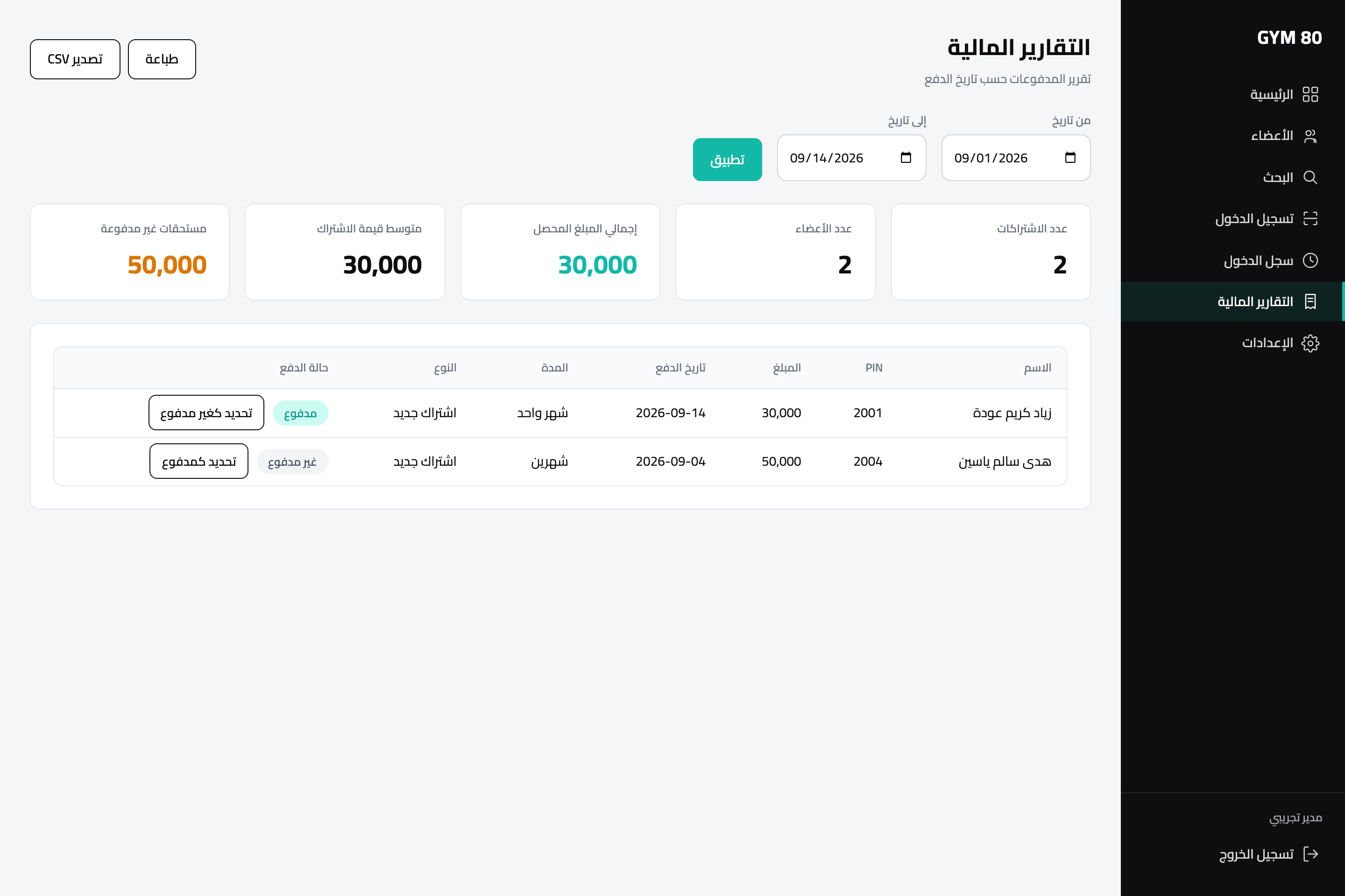تقرير مالي بمدى تاريخي مع إجمالي المحصّل والمستحقات